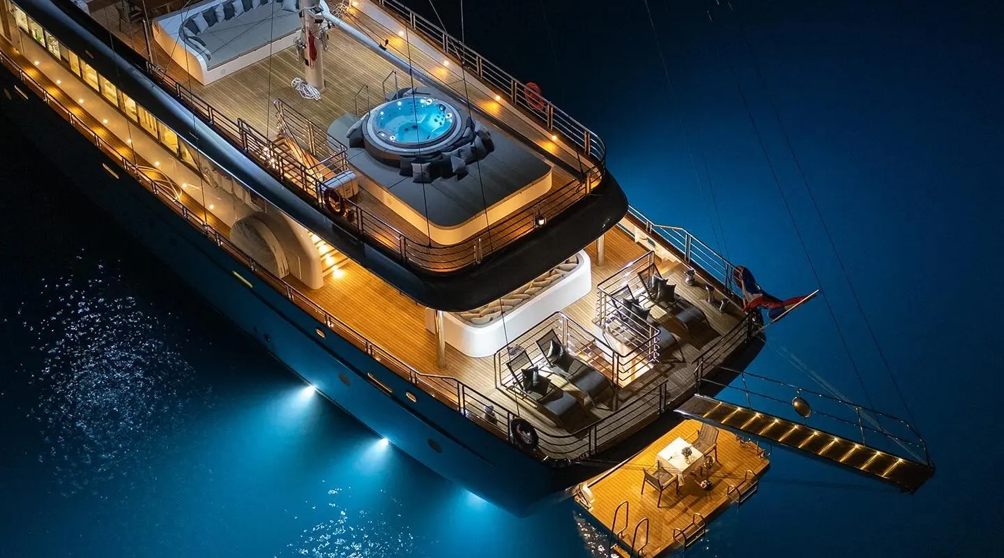 Gece gulet Love Story yacht floating at night with deck lights