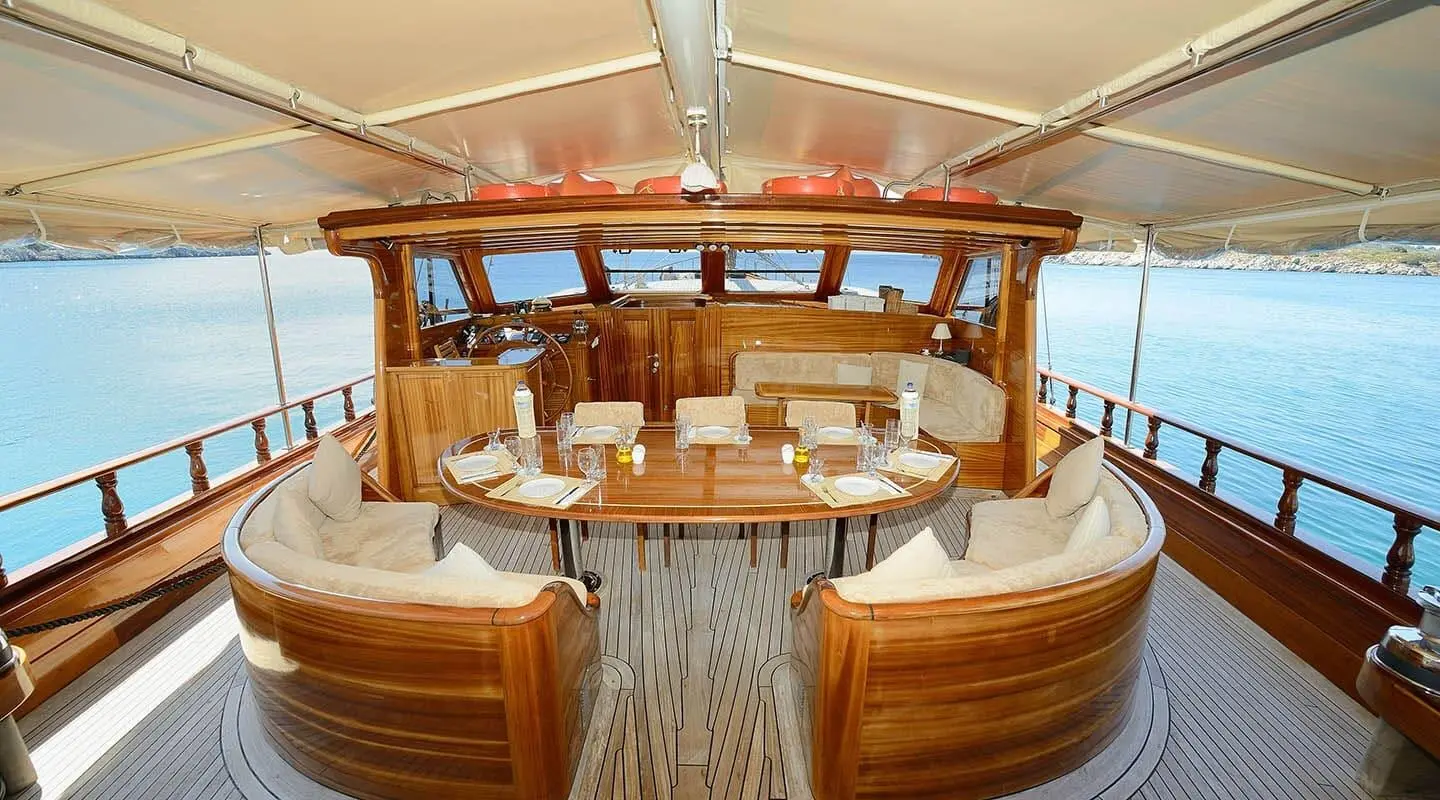 Zephyria II yacht outdoors on calm sea with wooden deck dining area under cover
