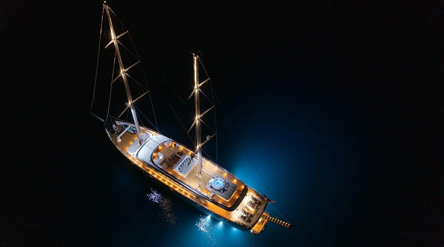 Love Story yacht seen from above in open sea