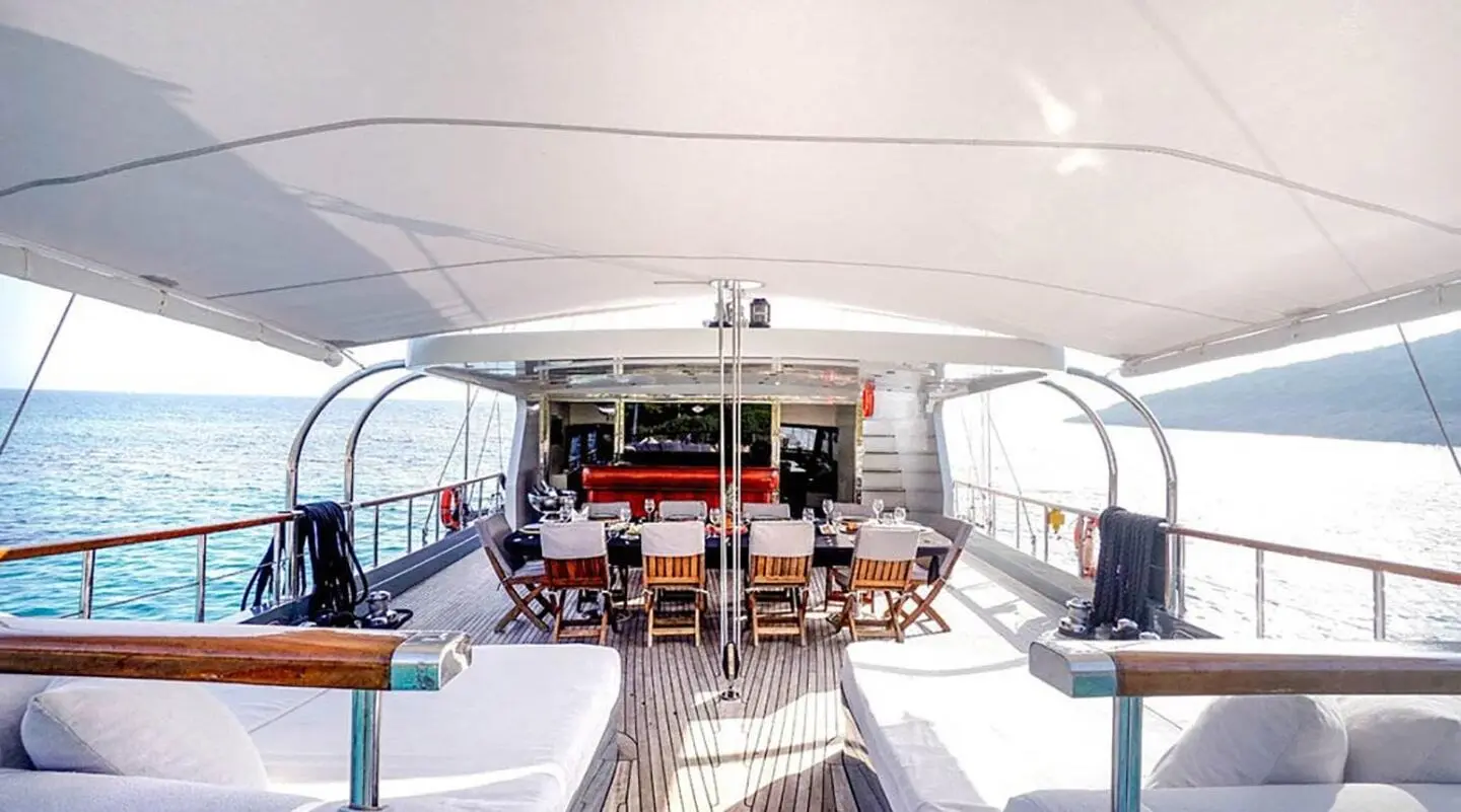 Virtuoso gulet aft deck with seating and helm area