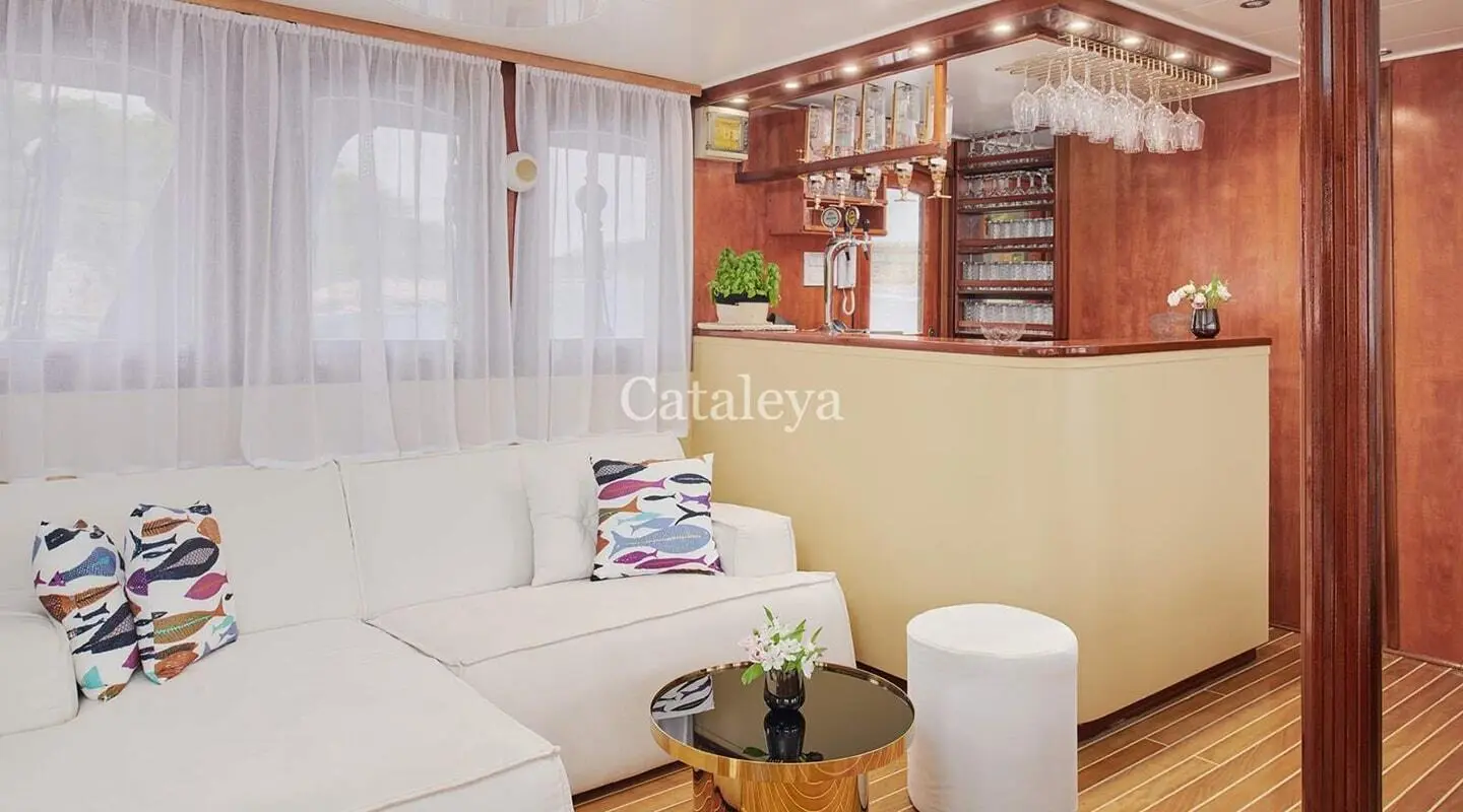 Luxurious salon on Cataleya yacht with cream seating, wood shelves, and glass windows