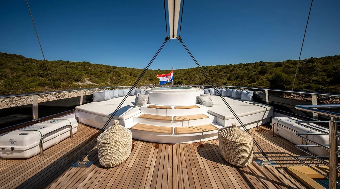 View from the Anima Maris yacht deck with steps leading aft and ropes