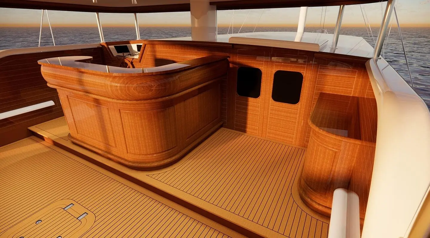 Aft deck of Tosca gulet showing wood railings, seating, and deck details