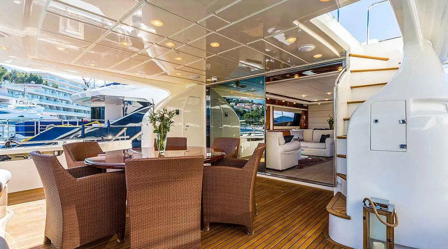 Miss Katariina yacht dining area with wicker chairs on wooden deck under canopy
