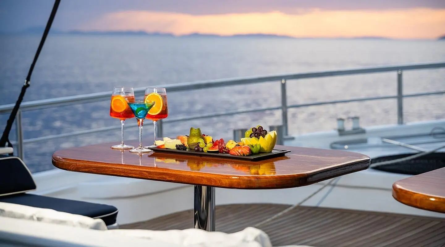 A wooden table on a yacht deck at sunset with fruit and drinks