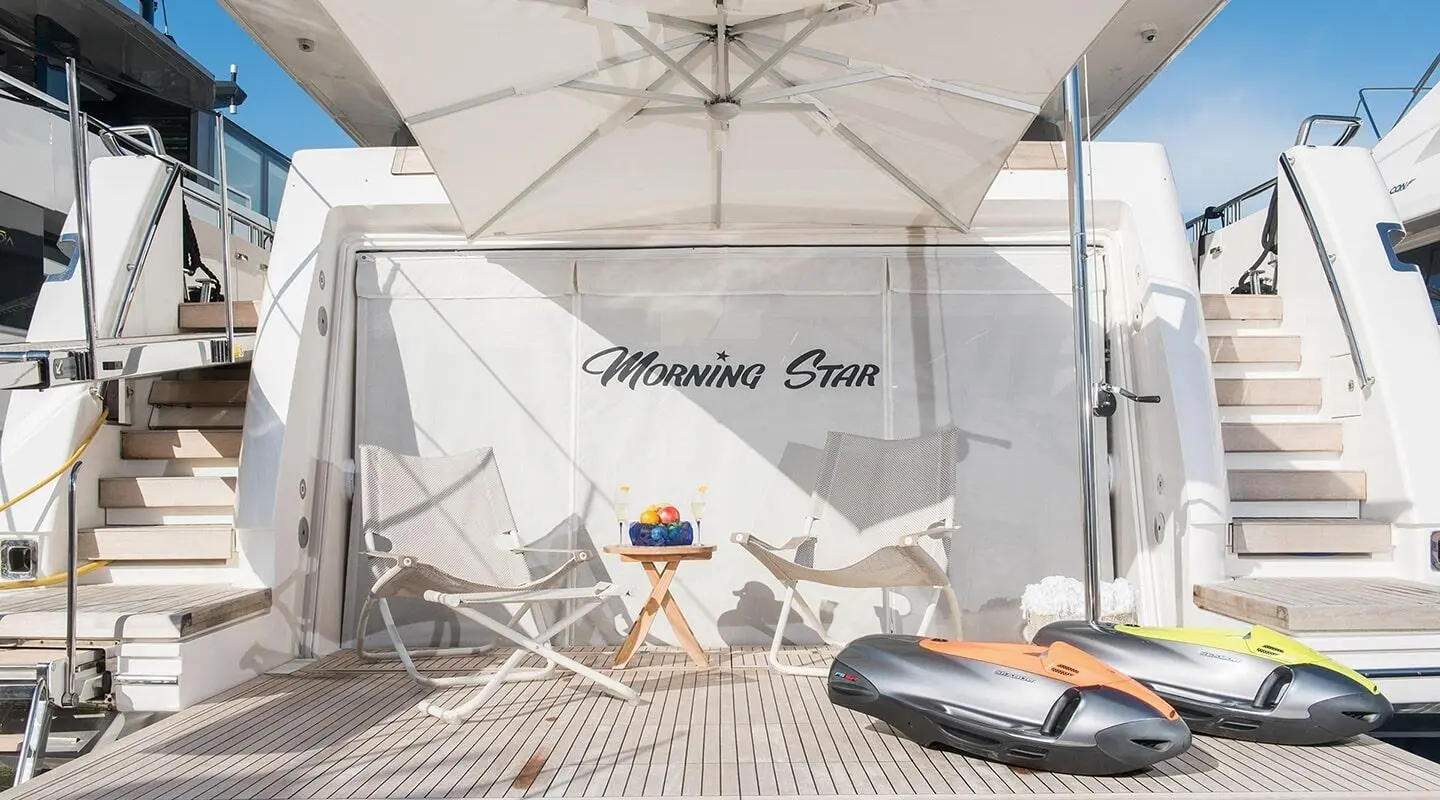 Motoryacht Morning Star on deck with swim platform visible