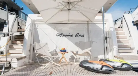 Motoryacht Morning Star on deck with swim platform visible