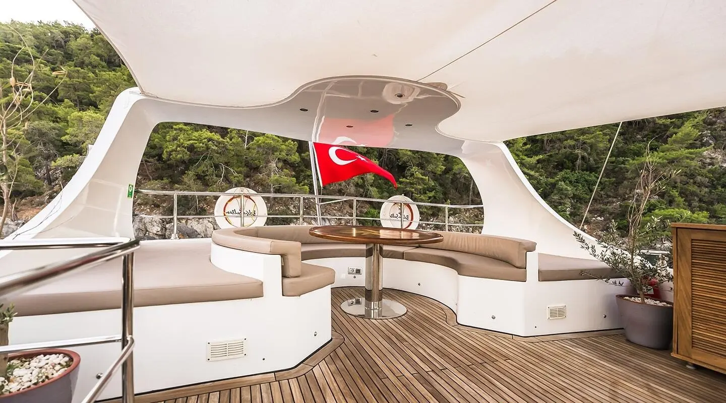 Belgin Sultan on a flybridge with wooden deck and seating