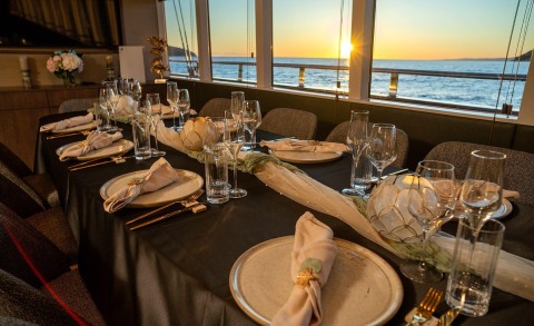 Anima Maris motor yacht at sunset viewed from the deck