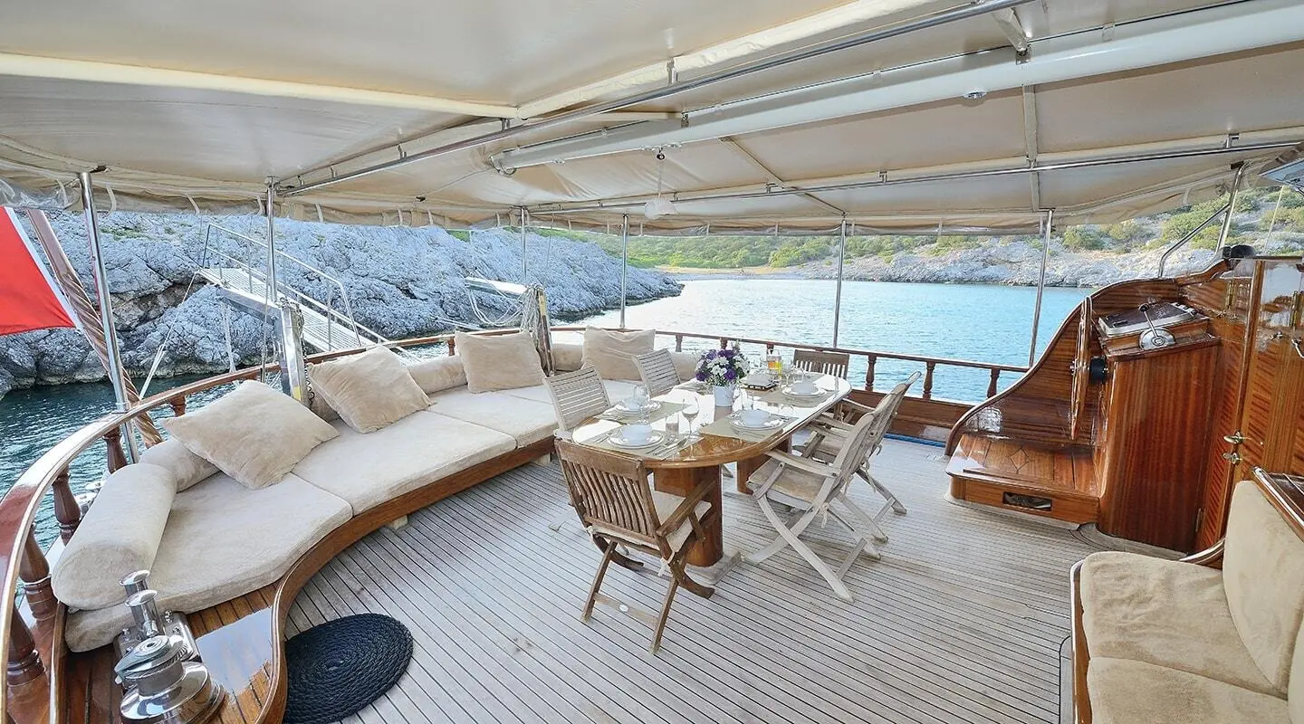 Samarkand gulet aft deck with seating, table, and shade awning on calm sea