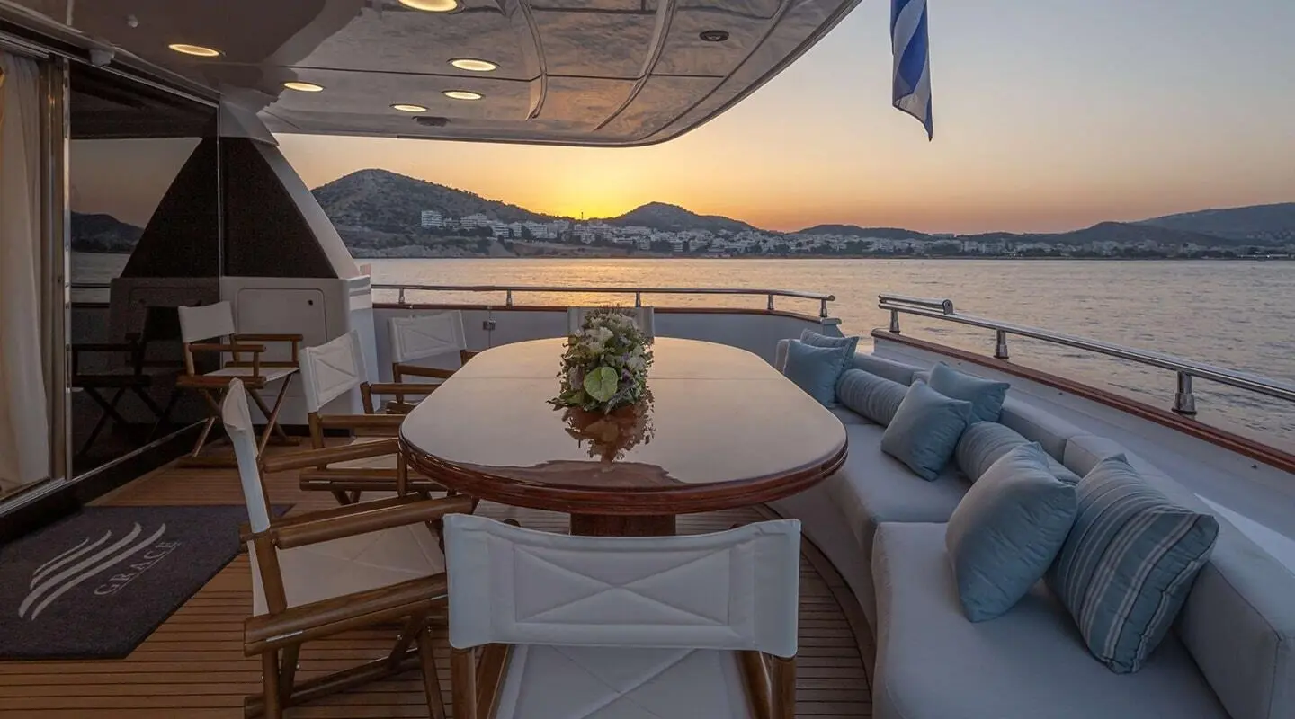 Grace yacht at sunset with wooden deck, table set, and soft seating