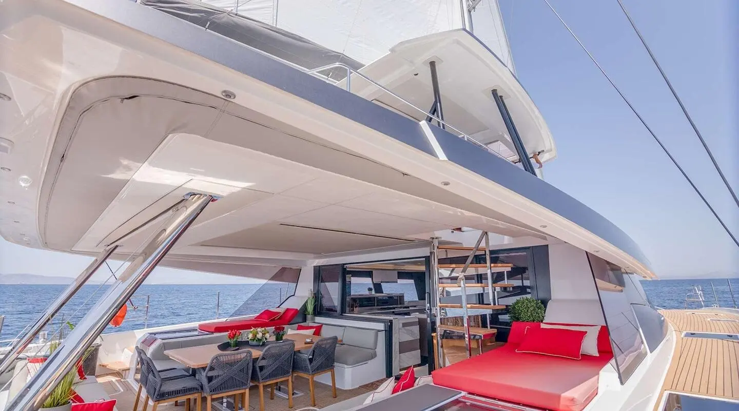 Aft deck of Astoria motor yacht with seating, sun loungers, and shaded area