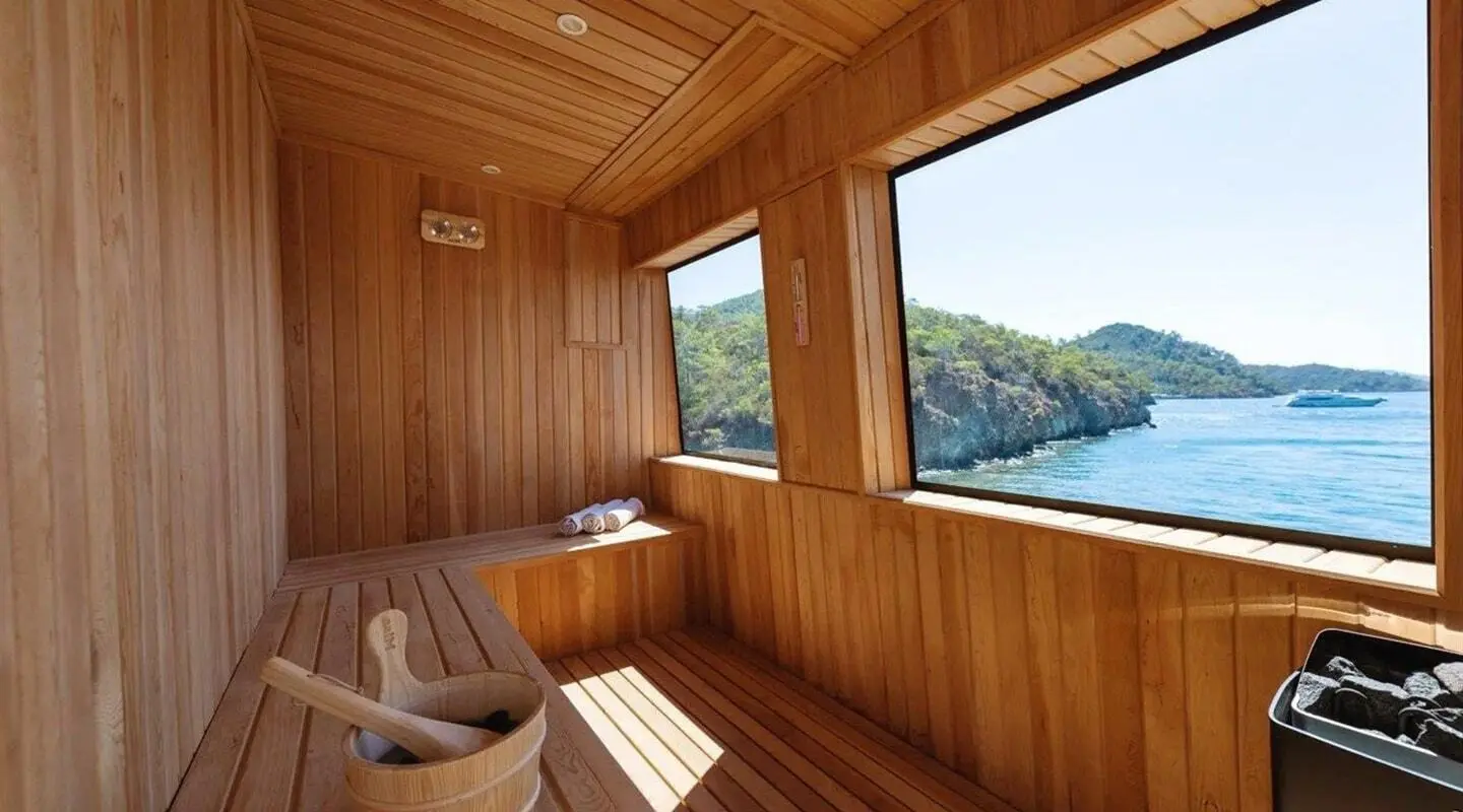 Yacht interior with wooden walls and window view of sea and hills