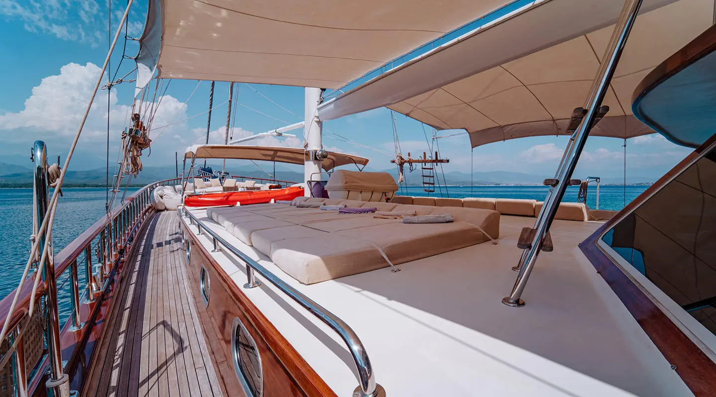 Gulet Lycian Queen sun deck with seating and overhead canopy on calm sea