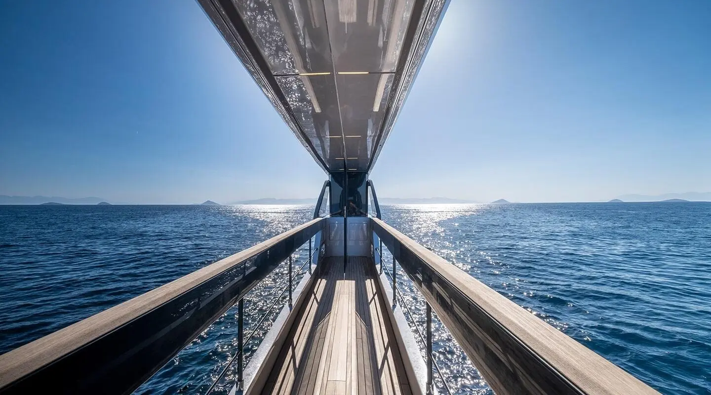 Deck view from bow along polished wood planks toward the horizon