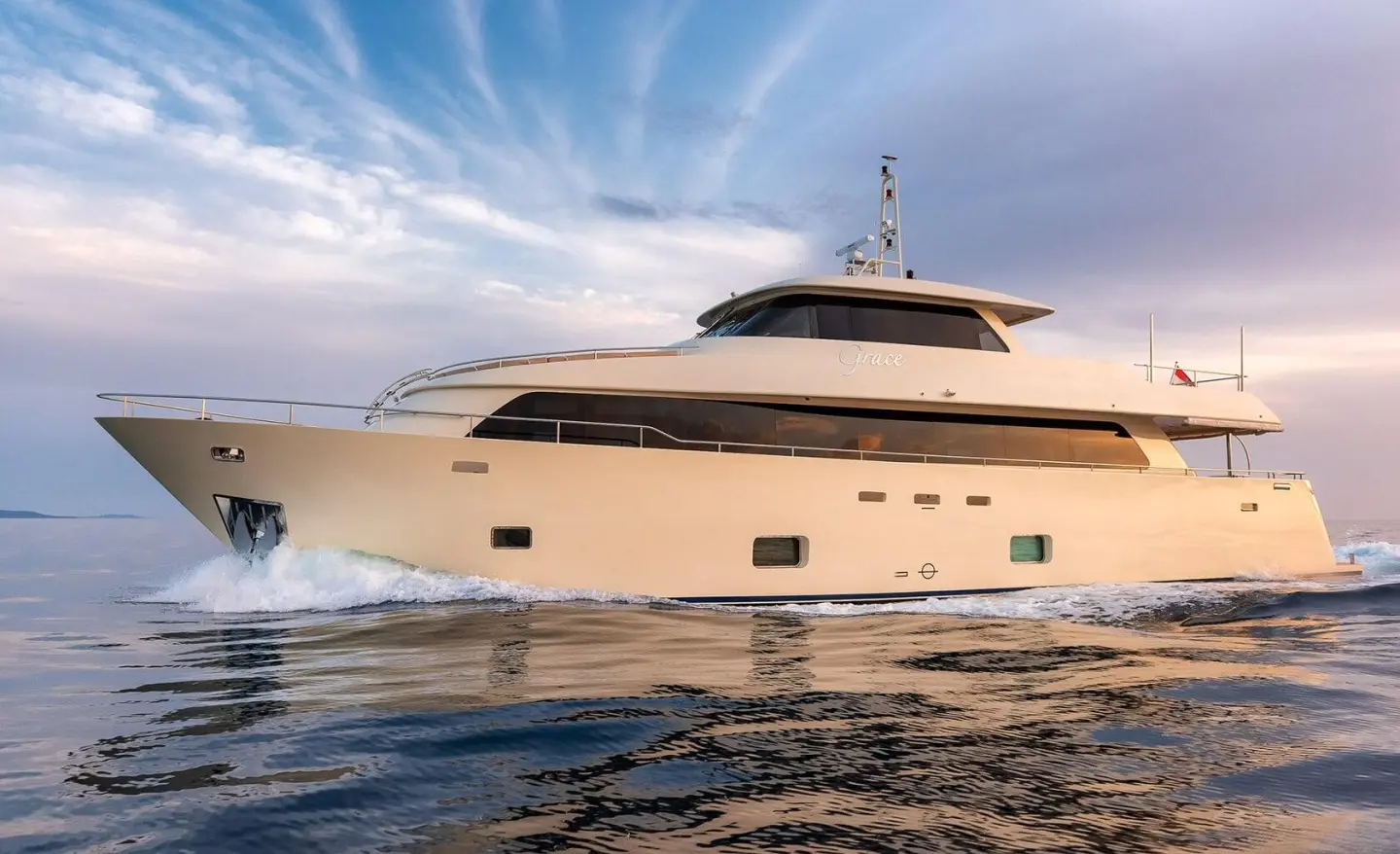 Grace yacht on calm water with clear sky and reflections, side view