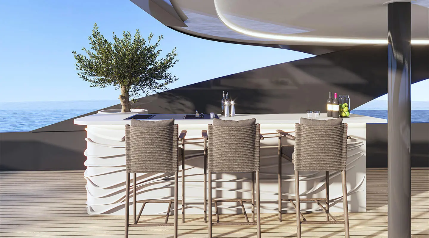 Motor yacht Bello on the sundeck with wooden chairs under shade