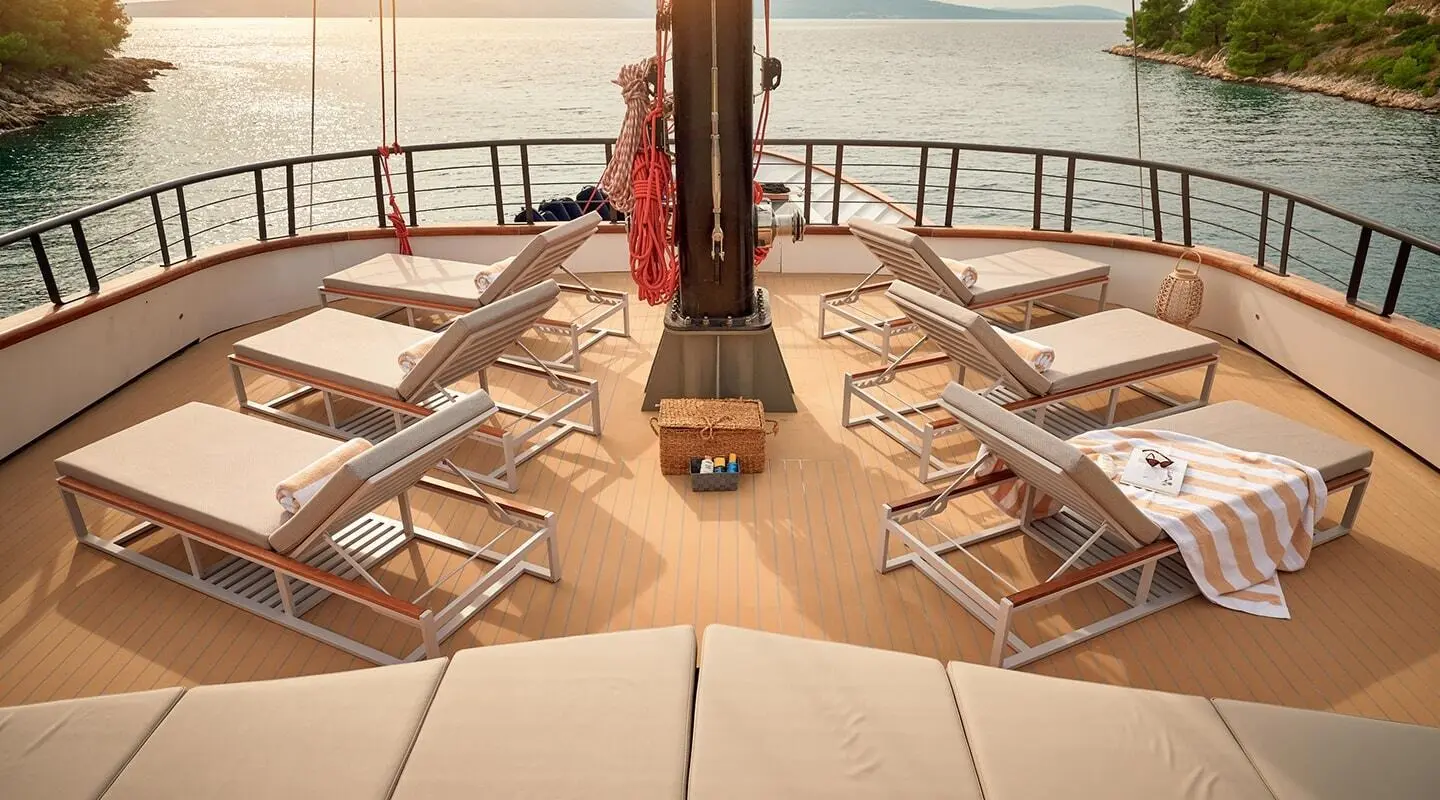 A yacht deck on sunset, sun loungers along the rails, calm sea ahead