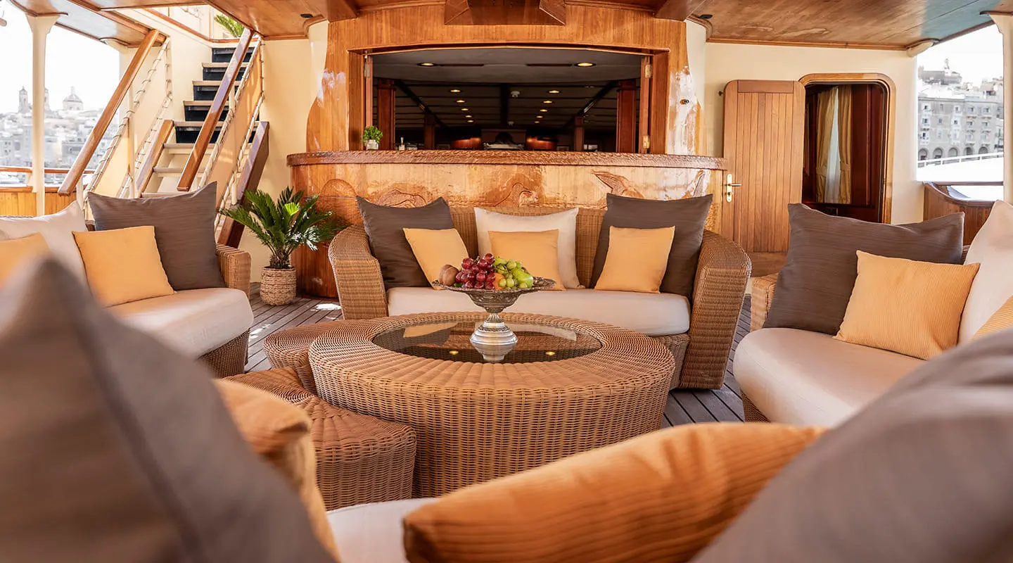 Seagull II motor yacht lounge area with cushioned seating