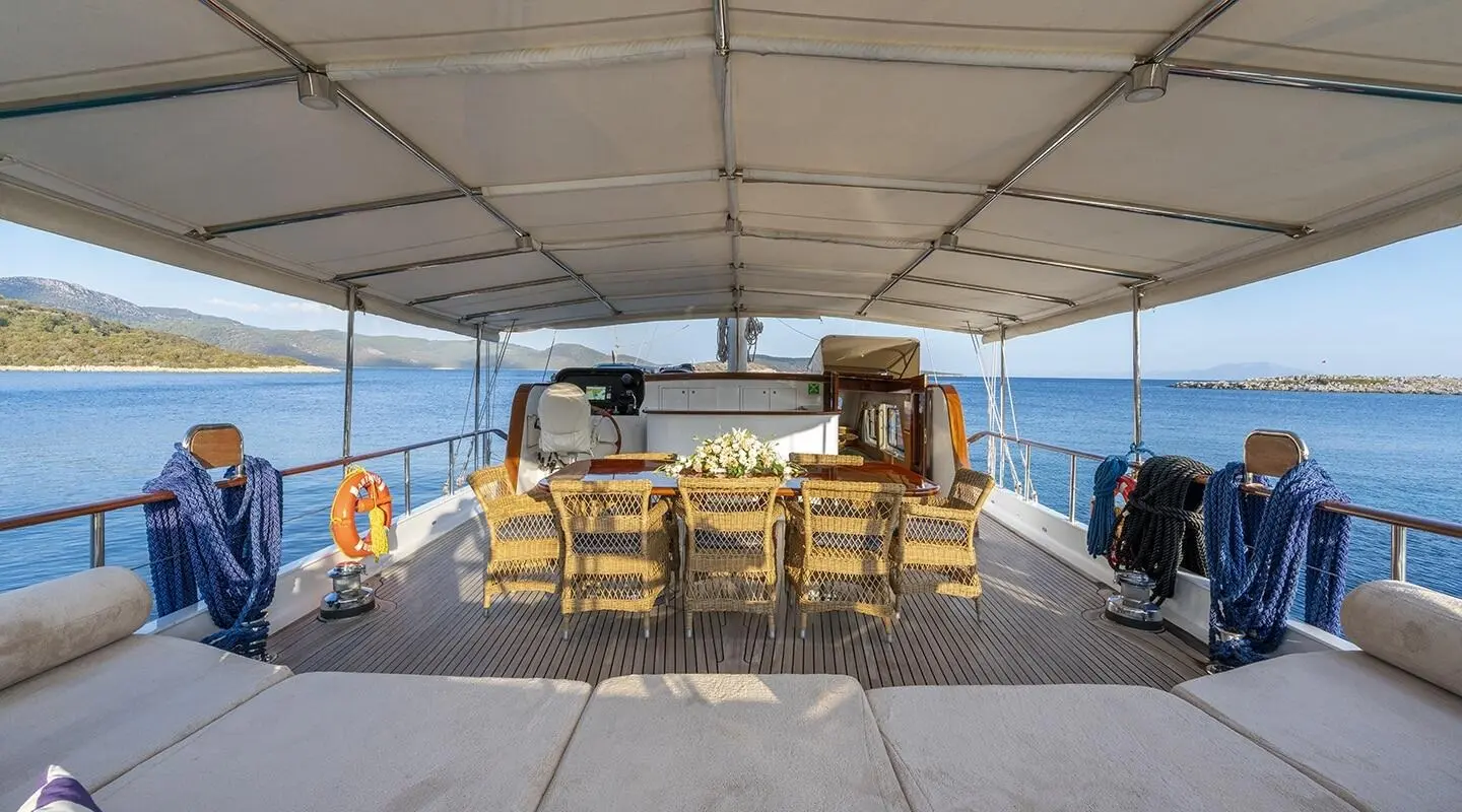 Aft deck of Artemis gulet with wooden seating and shaded canopy