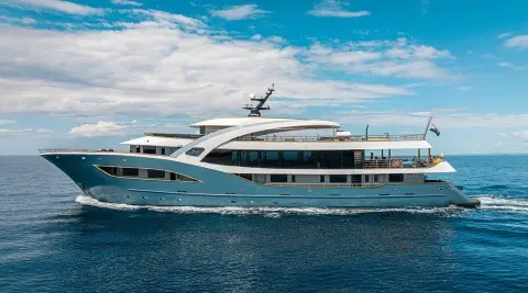 Bella luxury yacht anchored by calm blue water under cloudy sky