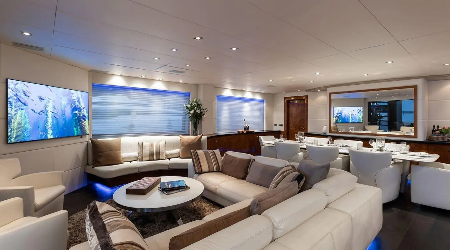 Brooklyn motor yacht saloon with wide seating and central coffee table