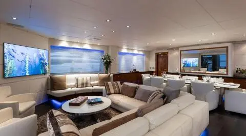 Brooklyn motor yacht saloon with wide seating and central coffee table
