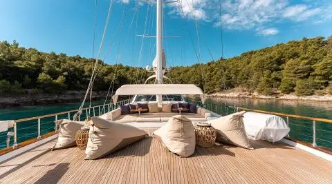 View of the deck with large seating and pillows, green forested shore and blue water