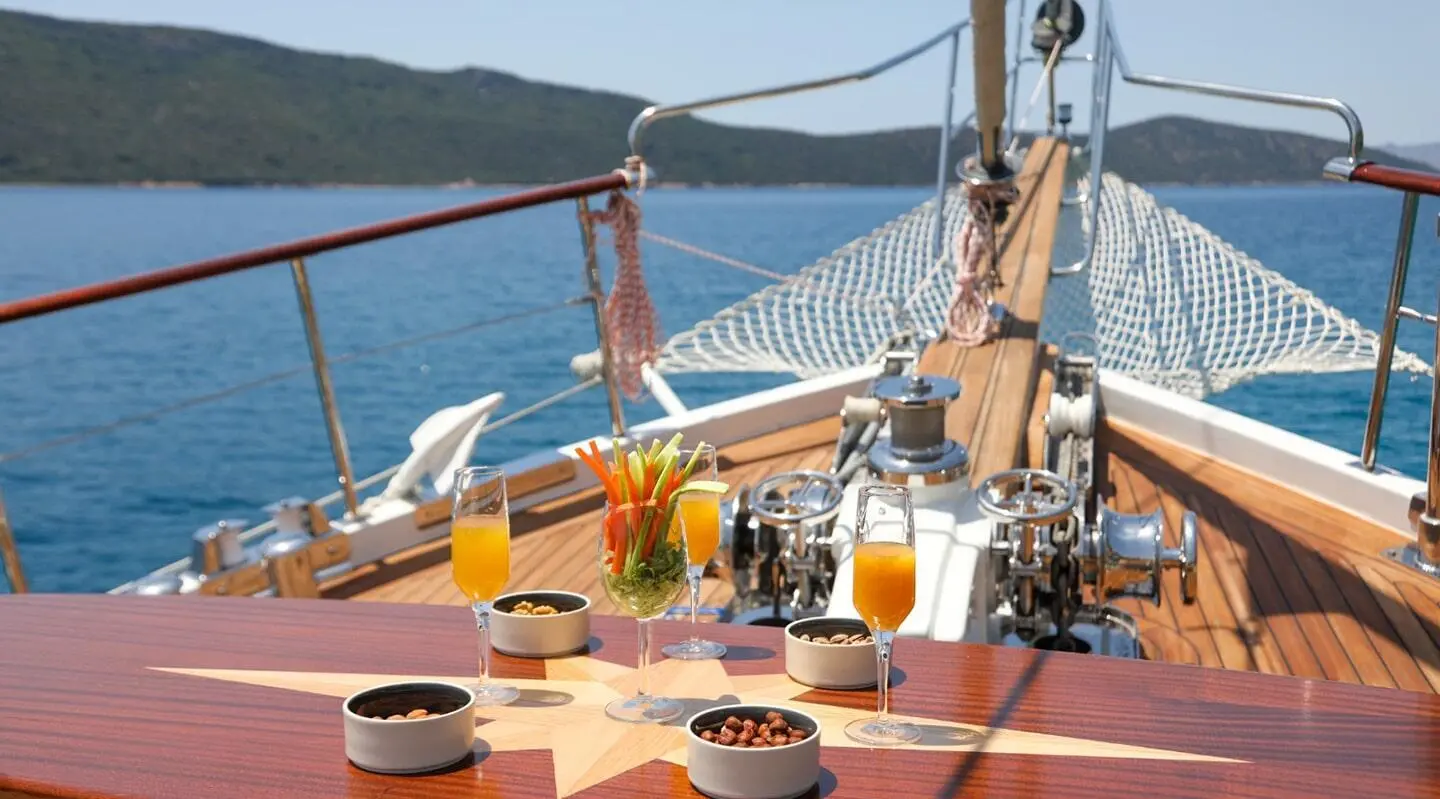 Open deck of Ulucinar gulet with a set table and dishes visible