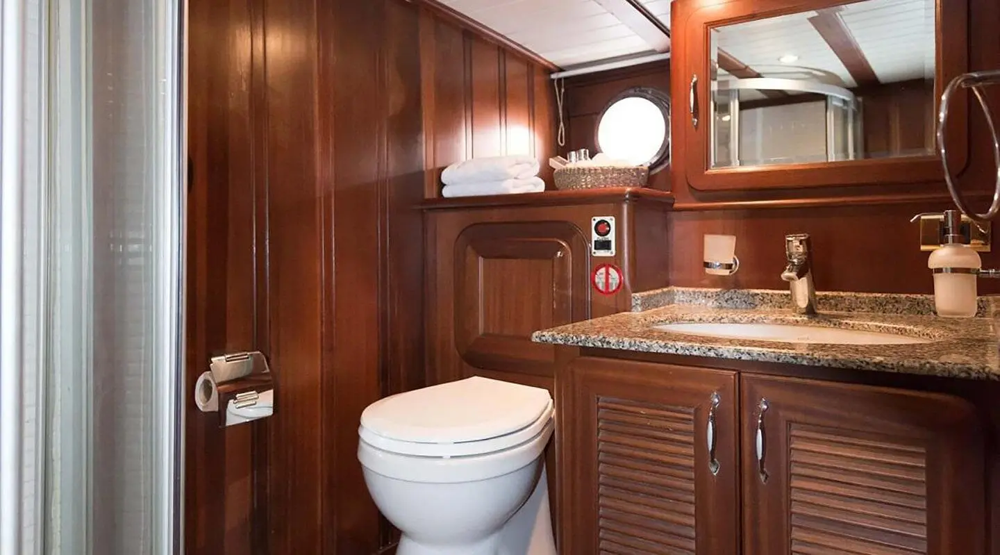 Gulet Primadonna bathroom with wood paneling, sink and toilet