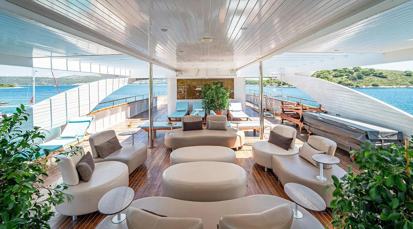 Luxurious open sun deck on Riva yacht with seating and ocean view