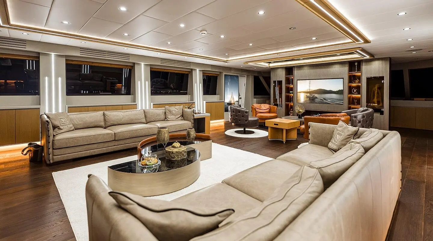 North Wind motor yacht salon with sofas and central coffee table