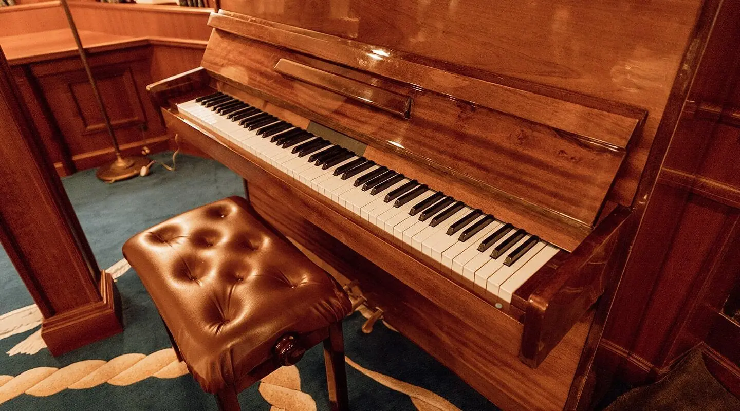 Seagull II luxury piano interior with wooden finish and cushioned bench