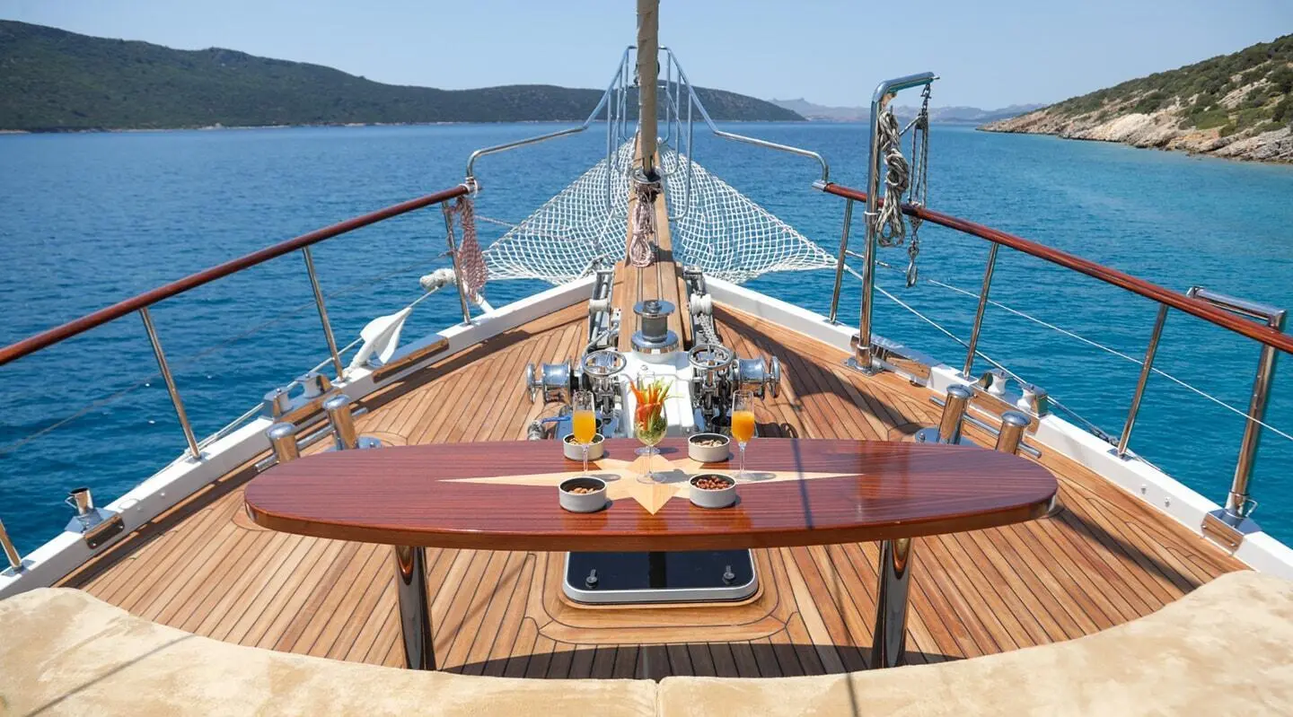 Bow deck of Ulucinar gulet with wooden benches and open seating area facing sea