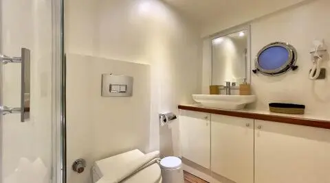 Interior of yacht Derya Deniz with a compact bathroom and vanity