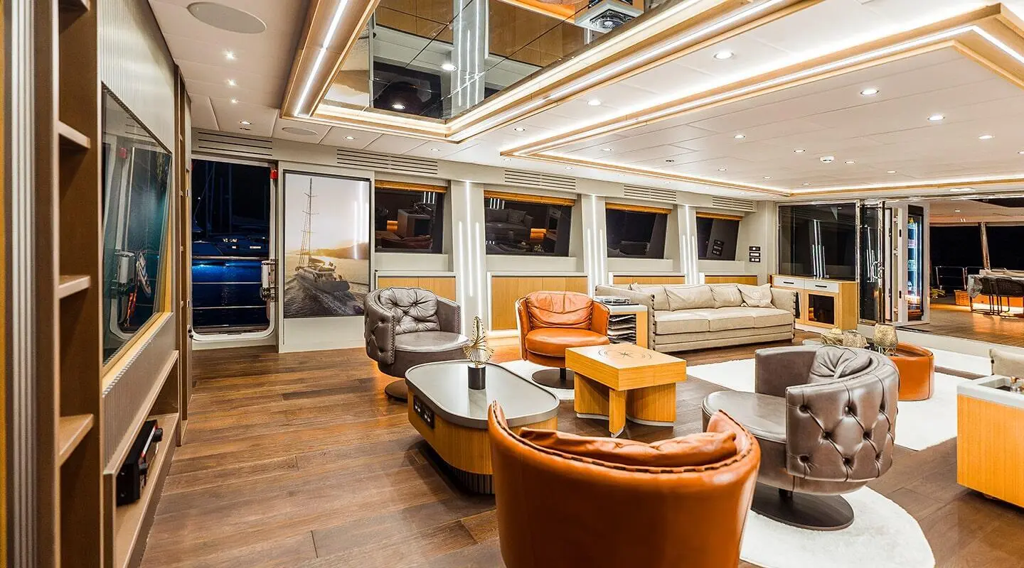 North Wind luxury yacht salon interior with wood floors and seating