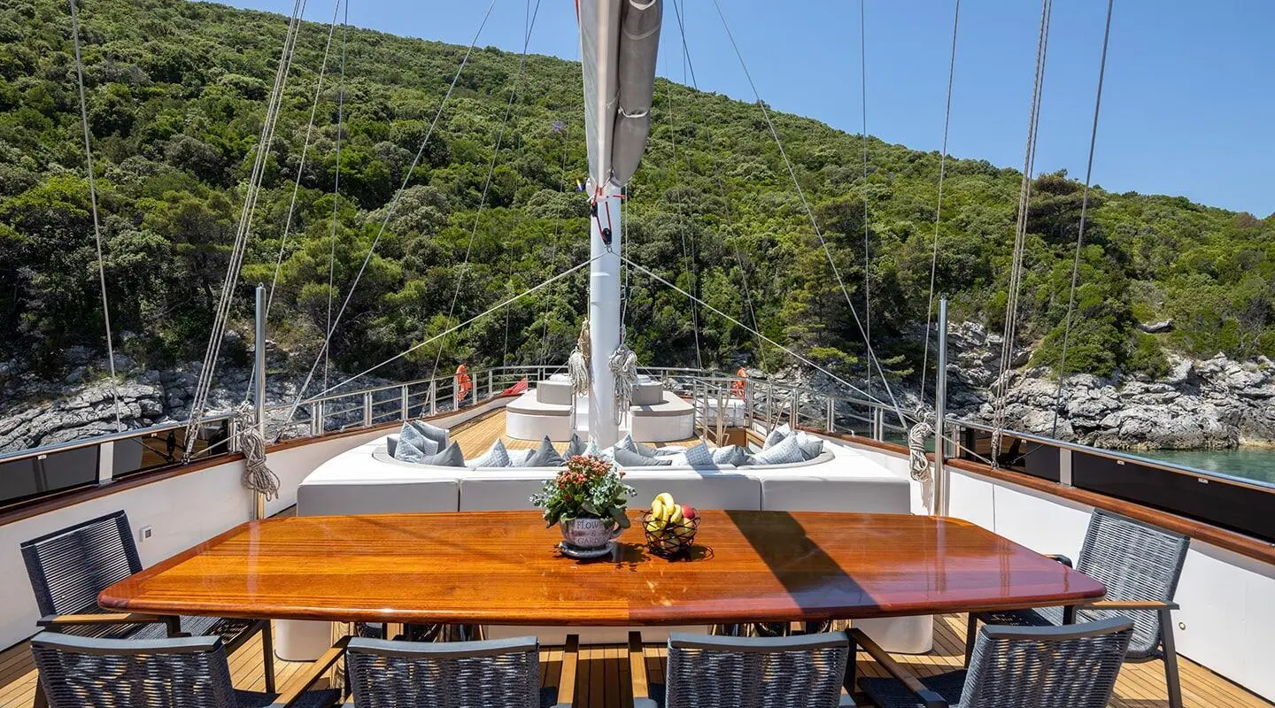 View from upper deck of Love Story gulet showing wooden deck and seating with sea behind