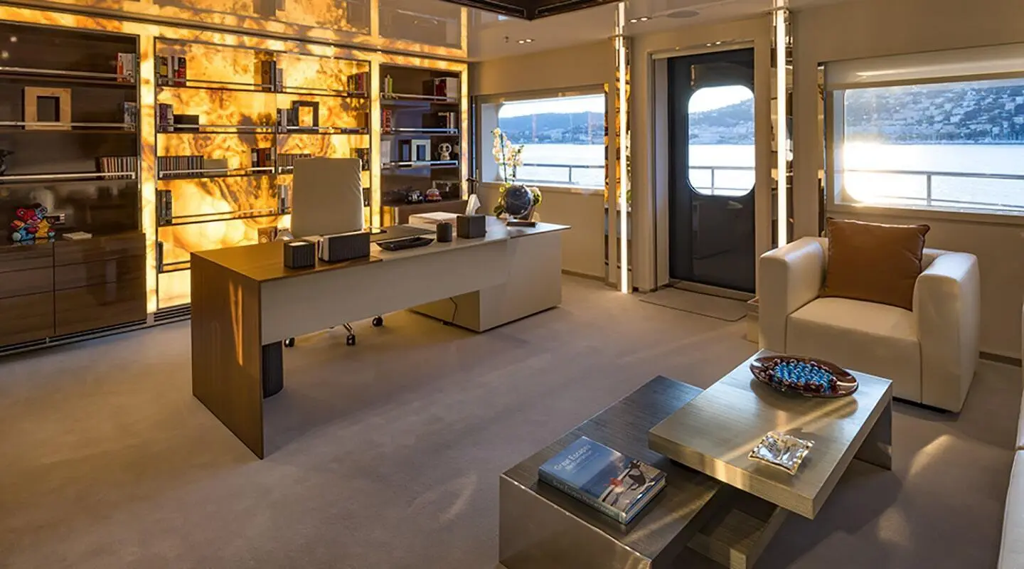 Marquise luxury yacht interior lounge with seating and open doorway to deck