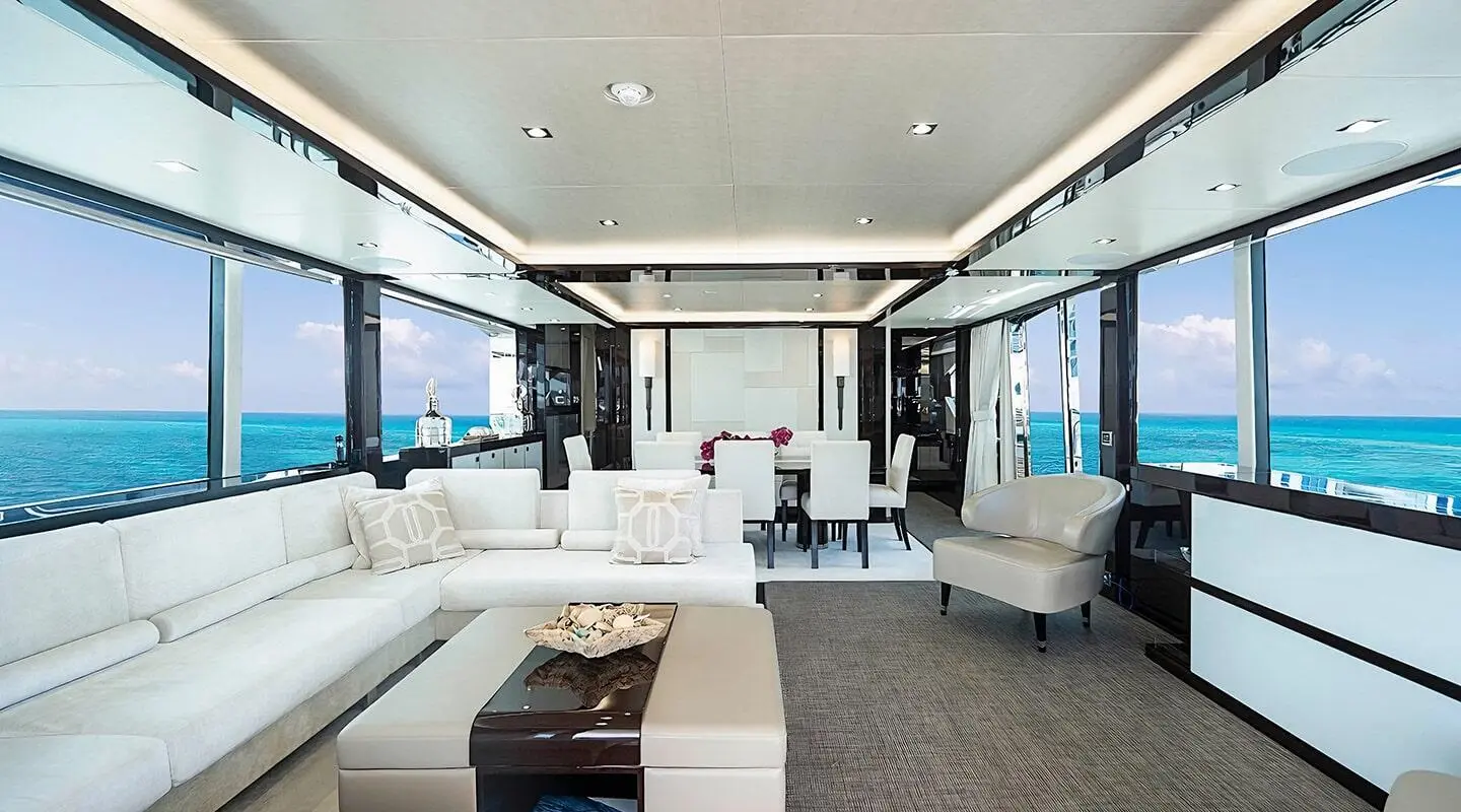Luxurious yacht Quantum saloon with large seating and glass doors