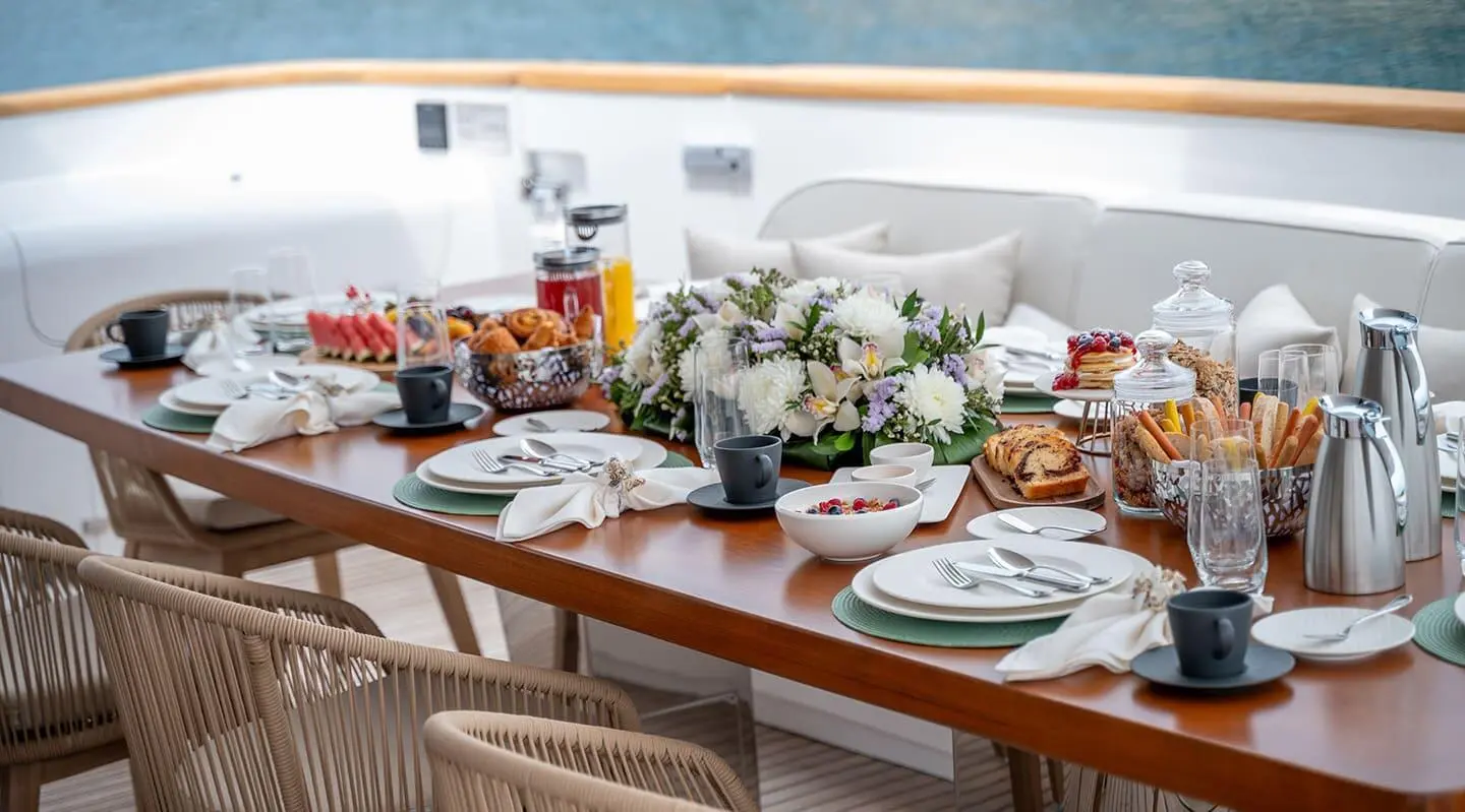 Pareaki II yacht table setting with plates, wine, and flowers on deck