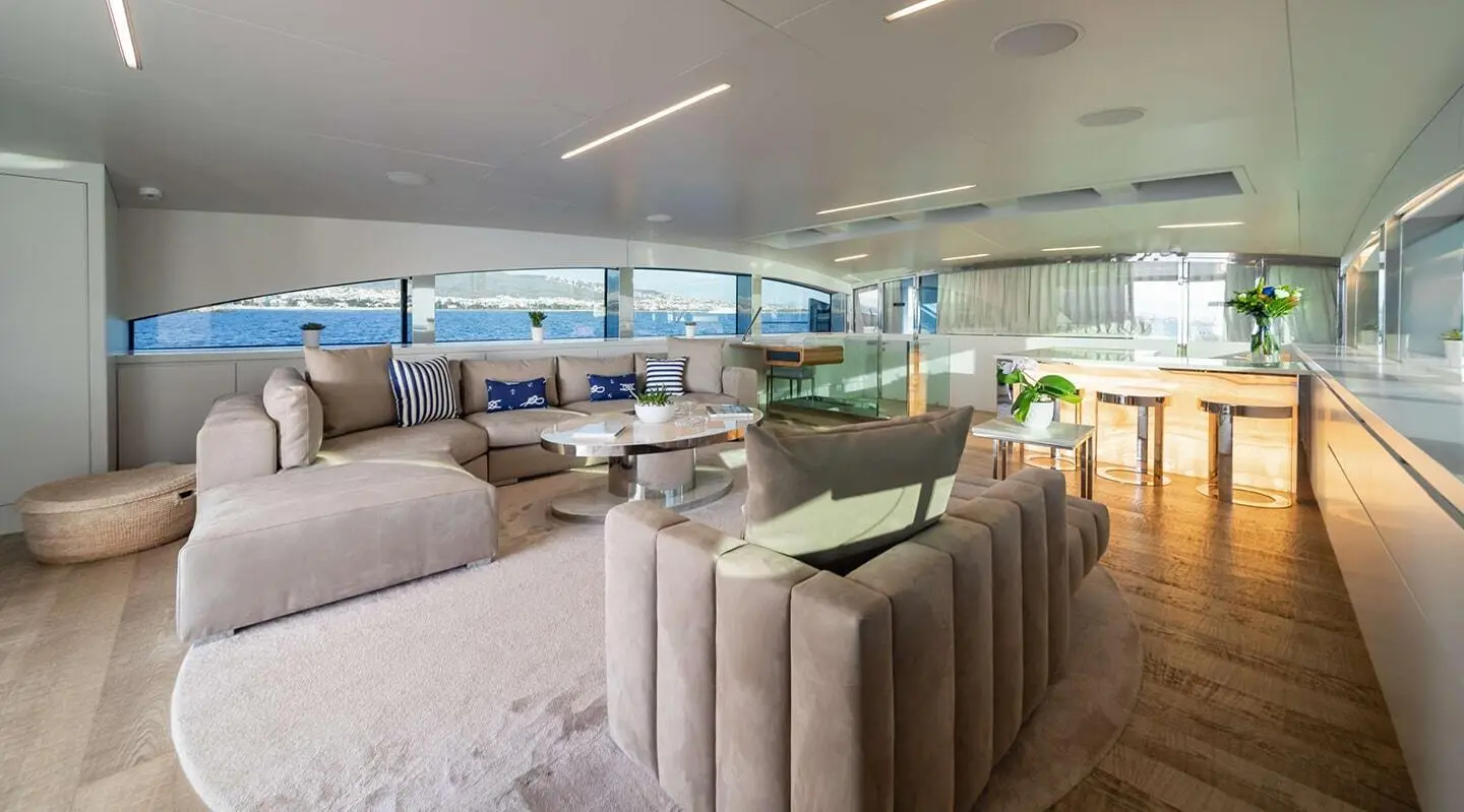 Sea Wolf luxury motor yacht interior: spacious lounge with seating and windows