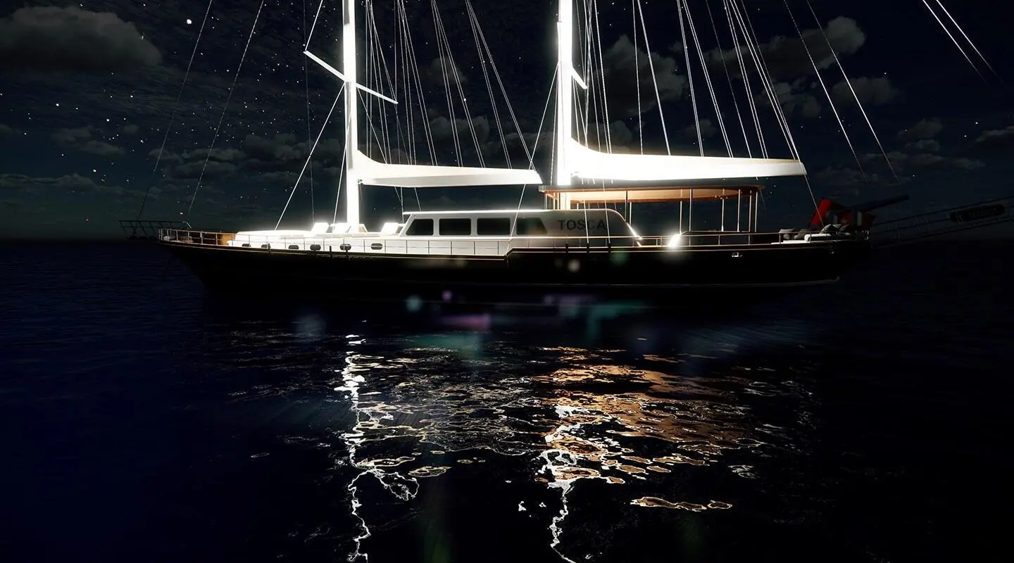 Tosca yacht at night, illuminated sails, calm water reflecting lights
