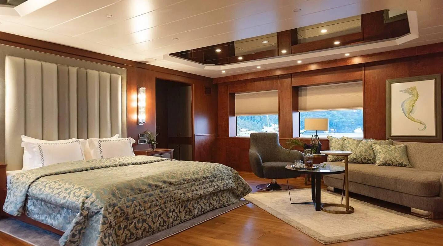 Ocean Breeze yacht exterior scene with sunlight on deck and windows