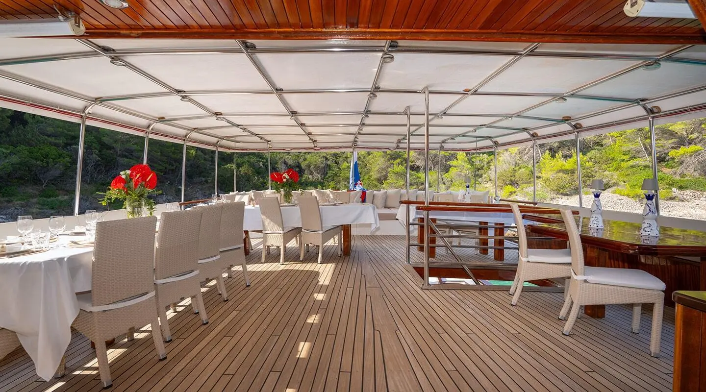 Top aft deck of Yacht Barbara, wooden planks, seating, and shaded area