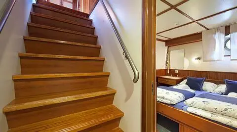 Wooden stairs and corridor aboard Tajna Mora gulet