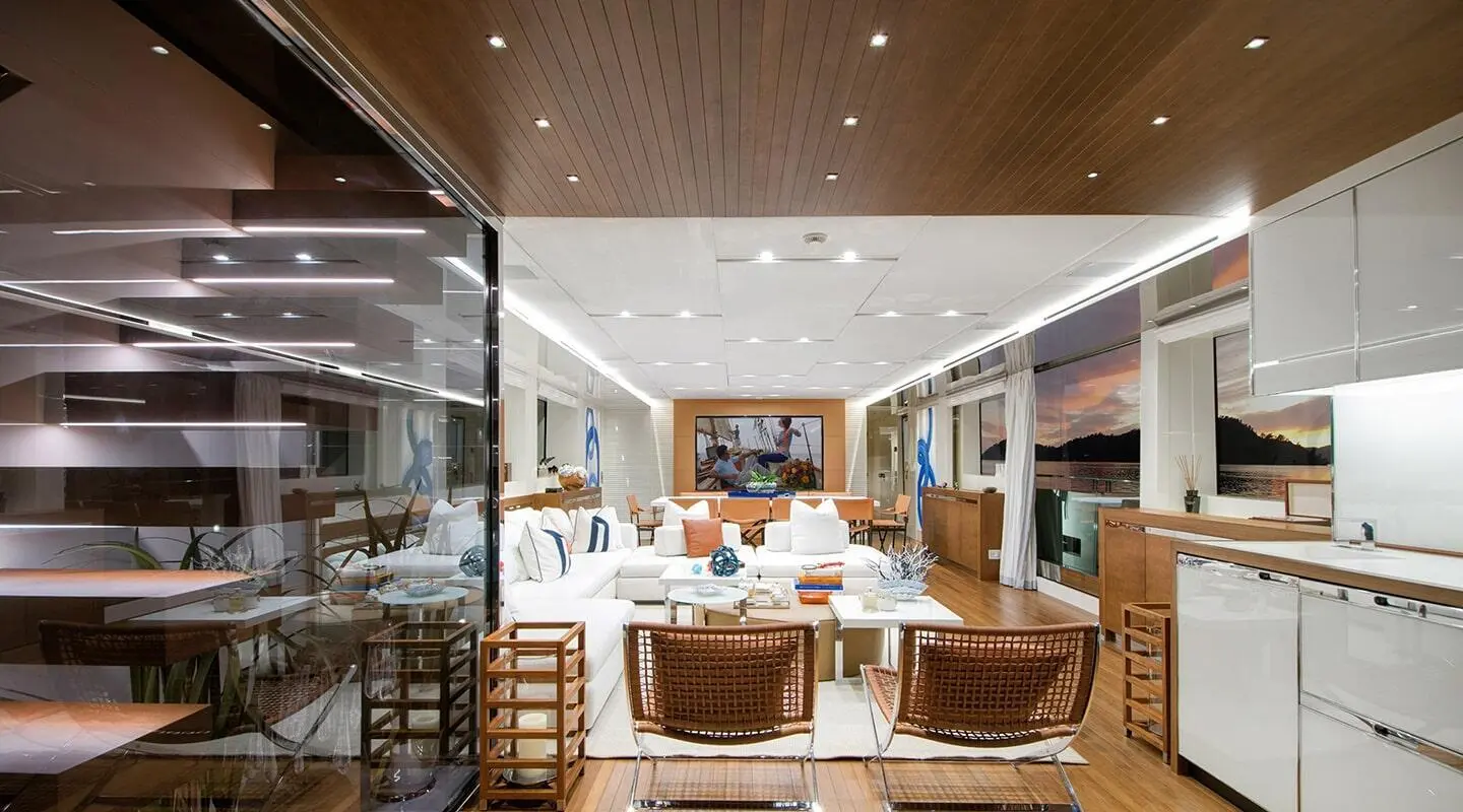 Interior of Morning Star yacht saloon with seating and cabinetry