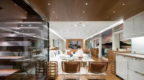 Interior of Morning Star yacht saloon with seating and cabinetry