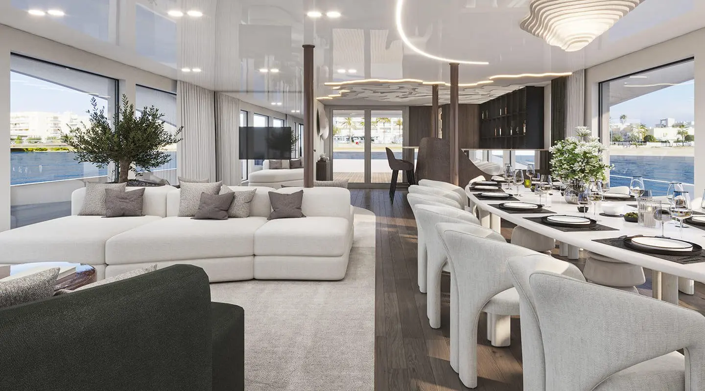 Luxurious dining area on Bello yacht with white seating and glass doors
