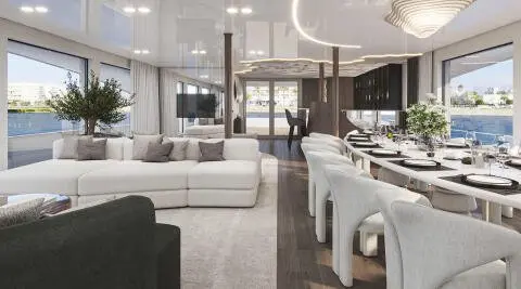 Luxurious dining area on Bello yacht with white seating and glass doors