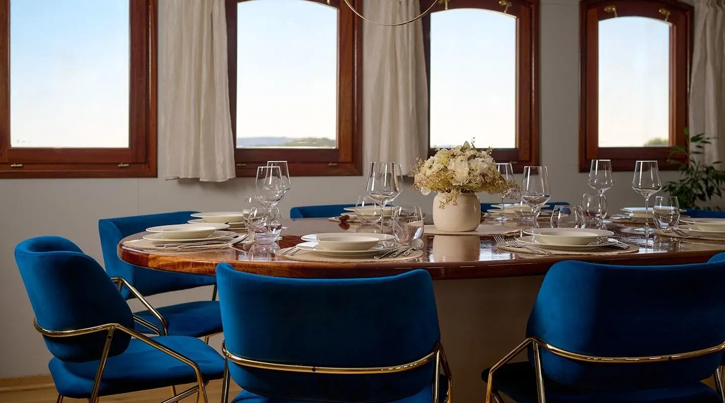 Elegant yacht dining salon with round table settings and blue chairs